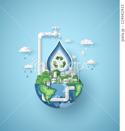 Sustainable Water and Green City  world Water Day Paper Cut Art 124942915