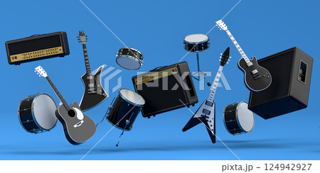 Set of electric acoustic guitars, amplifiers and drums with metal cymbals on blue background. 3d render of musical percussion instrument, drum machine and drumset with heavy metal guitar Set of electric acoustic guitars, amplifiers and drums with metal cymbals on blue background. 3d render of musical percussion instrument, drum machine and drumset with heavy metal guitar 124942927