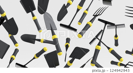 Many of flying garden shovel, pitchfork and rake on white background. 3d render of garden tool and equipment for farm, summer camping Many of flying garden shovel, pitchfork and rake on white background. 3d render of garden tool and equipment for farm, summer camping 124942943