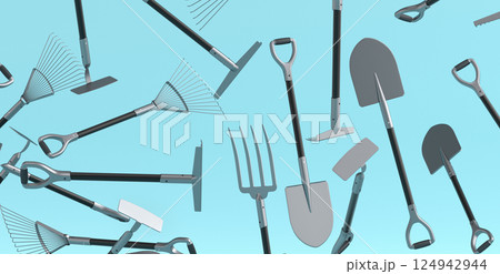 Many of flying garden shovel, pitchfork and rake on blue background. 3d render of garden tool and equipment for farm, summer camping 124942944