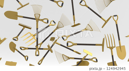Many of flying garden shovel, pitchfork and rake on white background. 3d render of garden tool and equipment for farm, summer camping Many of flying garden shovel, pitchfork and rake on white background. 3d render of garden tool and equipment for farm, summer camping 124942945