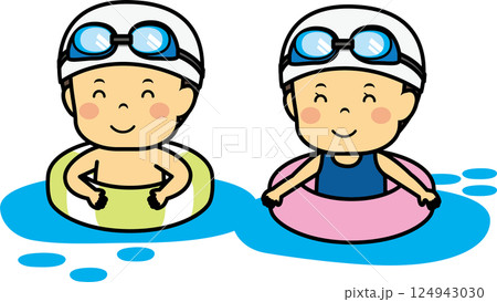 浮き輪で水に浮く男女の子供 124943030