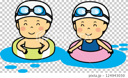浮き輪で水に浮く男女の子供 124943030