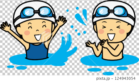 男孩和女孩在游泳池裡玩耍 男孩和女孩在游泳池裡玩耍 124943054