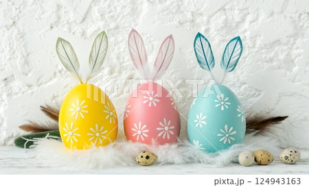 easter composition with painted eggs and rabbit easter composition with painted eggs and rabbit 124943163