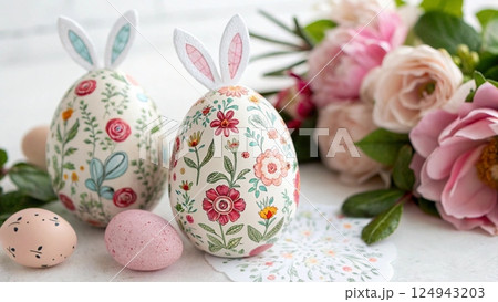 easter cake with eggs and flowers 124943203