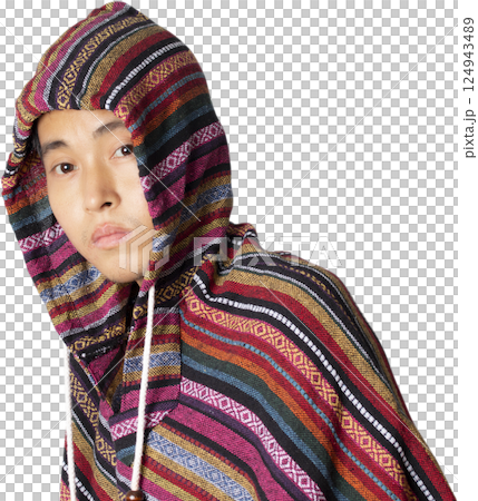 Man wear overcoat with hood on head. Man wear overcoat with hood on head. 124943489