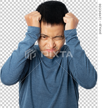 Asian young man showing headache gesture and ill. Asian young man showing headache gesture and ill. 124943598
