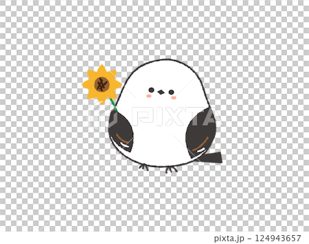 一隻長尾山雀叼著一朵向日葵的插圖 一隻長尾山雀叼著一朵向日葵的插圖 124943657