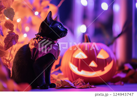 ペットと年中行事 | ハロウイン（黒猫） 124943747