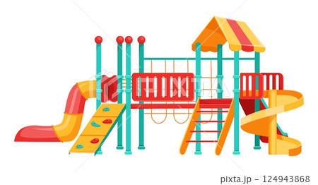 Kids playground. Ladder and plastic slide for children games. Summer park attraction. Playing equipment. Kindergarten outdoor leisure. Tower and stairs. Landscape element. Vector empty amusement area 124943868