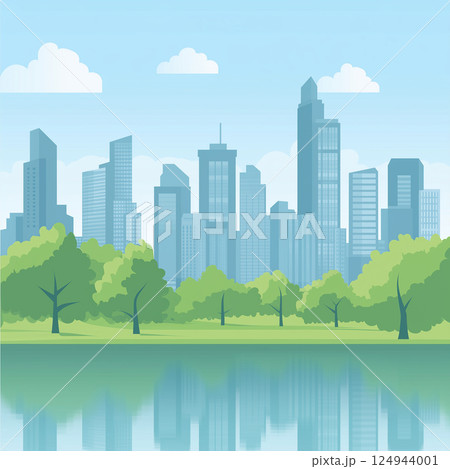 都会の公園と高層ビルの風景（イラスト） 124944001