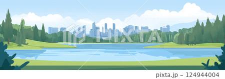 都会の公園と高層ビルの風景（イラスト） 124944004