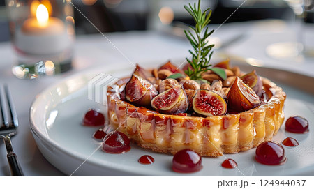 In an elegant restaurant setting, a tart filled with foie gras, caramelized figs, and nuts is presented on a fine porcelain plate 124944037