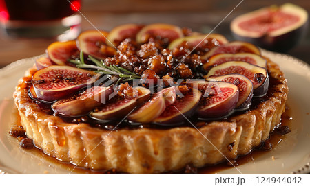 Beautifully crafted tart filled with creamy foie gras, topped with caramelized figs and crunchy nuts, creating a rich, mouthwatering dish. 124944042
