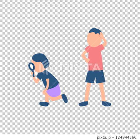 Illustration of a girl and boy observing with a magnifying glass 124944560