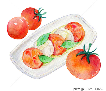 水彩イラスト フレッシュなトマトのカプレーゼ 水彩イラスト フレッシュなトマトのカプレーゼ 124944682