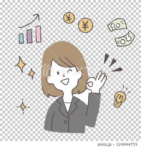 Handwritten style loose touch business woman (upper body, icon set) | Presentation, money 124944755