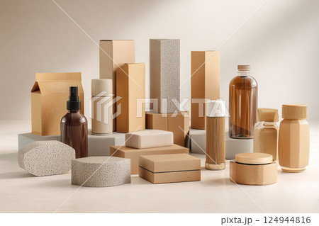 A minimalist studio shot with various product packages without labels 124944816