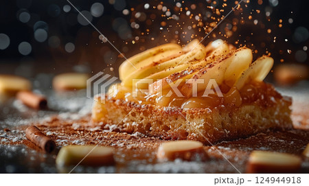 Apple Calvados Pate de Foie Gras: Pate on cinnamon crostini, with caramelized apple slices and powdered cinnamon 124944918