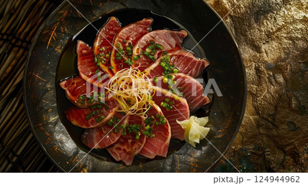 Top-Down View: Tataki-Style Sashimi with Seared Slices, Ponzu Sauce, Ginger, and Garlic Chips 124944962