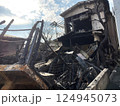 burnt house with car in Japan. charred house. fire 124945073