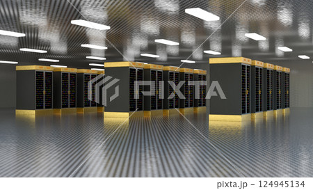 Servers. Servers room data center. Backup, mining, hosting, mainframe, farm and computer rack with storage information. 3d rendering 124945134