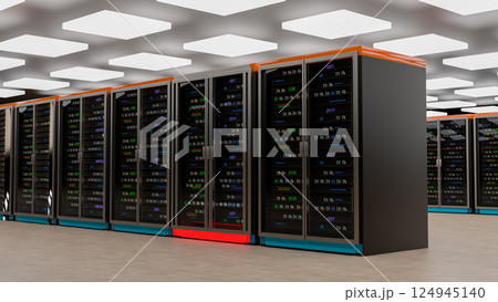 Servers. Servers room data center. Backup, mining, hosting, mainframe, farm and computer rack with storage information. 3d rendering 124945140