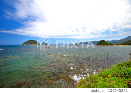 中国地方・北長門海岸国定公園・国道191号線からの風景、沖に浮かぶ姫島樹林・山口県阿武町(2) 124945241