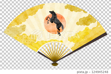 跳ね馬と和柄背景雲海の扇子、2026年の干支の和風素材 124945248