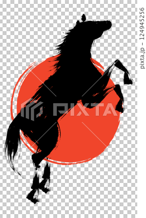 跳ね馬と初日の出の水墨画風和風素材、2026年の干支、左馬 124945256