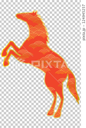 一匹騰躍的駿馬的輪廓，帶有日本風格的青外波圖案，這是 2026 年馬年生肖的日式材料 124945257