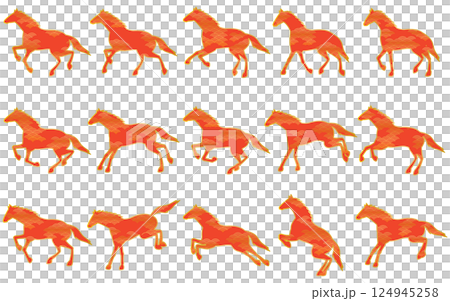 一組帶有日本圖案 Seigaiha 圖案的馬剪影，這是 2026 年馬年生肖的日式材料 124945258