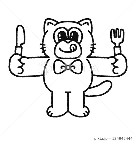 フォークとナイフを持った猫 線画 フォークとナイフを持った猫 線画 124945444