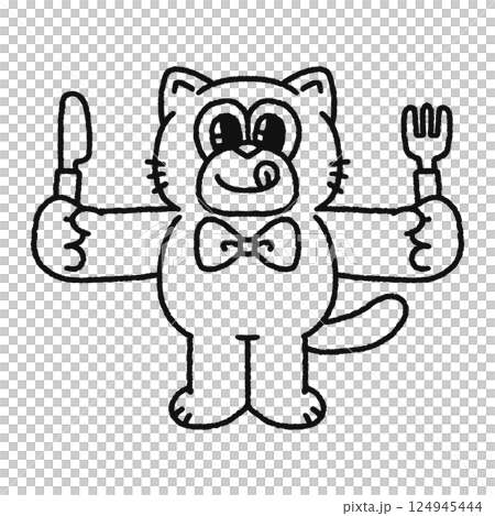 フォークとナイフを持った猫 線画 フォークとナイフを持った猫 線画 124945444
