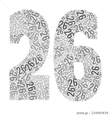 Grayscale word cloud forming the number 26, with repeated text in various sizes 124945638