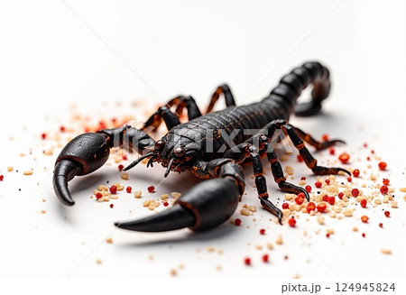 Black Scorpion Showcasing Its Powerful Claws on a Bed of Spicy Seasoning. Generative AI 124945824