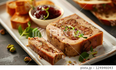 Terrine-style Pate de Foie Gras: Rich foie gras with duck confit and figs, served with fig jam and toasted walnut bread 124946043