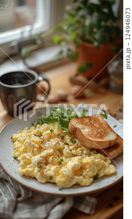 In a warm and inviting kitchen setting, a classic white plate holds perfectly cooked scrambled eggs seasoned with salt and pepper. The kitchen is adorned with rustic decor, soft lighting 124946073