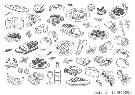 Set of hand drawn simple Mediterranean food. Fish seafood cheese olives bread. Doodle style illustration for cafe or restaurant menu design. 124946090