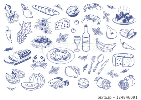 Set of hand drawn simple Mediterranean food. Fish seafood cheese olives bread. Doodle style illustration for cafe or restaurant menu design. Set of hand drawn simple Mediterranean food. Fish seafood cheese olives bread. Doodle style illustration for cafe or restaurant menu design. 124946091