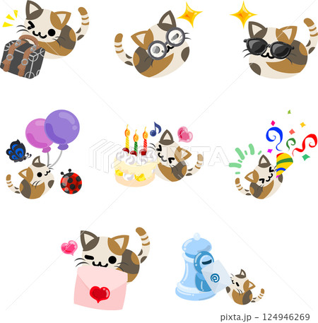 かわいい三毛猫のイラストセット！表情豊かで使いやすいデザインが揃っています。 124946269