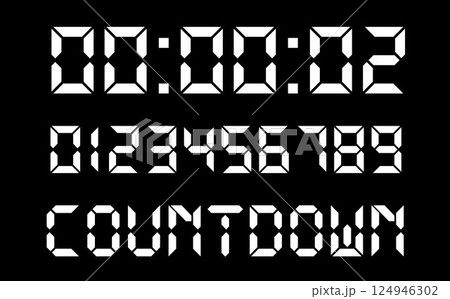 Countdown number, White digital numbers, Digital Display Font with Alarm Clock Letters Countdown number, White digital numbers, Digital Display Font with Alarm Clock Letters 124946302