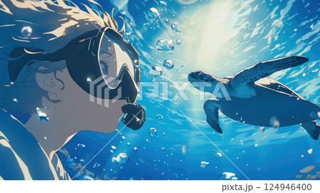 沖縄の青い海でウミガメに出会うダイバー 124946400