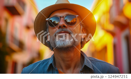 An elderly stylish man with a white beard, wearing sunglasses and a hat, stands against a bright background 124947251