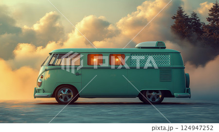 Retro van in mint green with a backdrop of clouds and sunset with soft glowing light 124947252