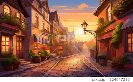 夕焼けに染まる古い街並み 124947256