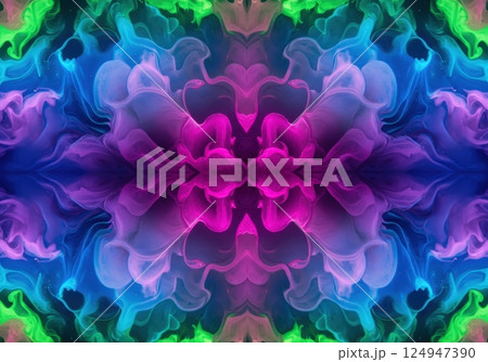 Colorful ink swirls form a mesmerizing kaleidoscope pattern in water 124947390