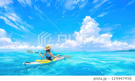 沖縄の青い海でシーカヤックを楽しむ女性 124947456