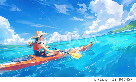 沖縄の青い海でシーカヤックを楽しむ女性 124947457